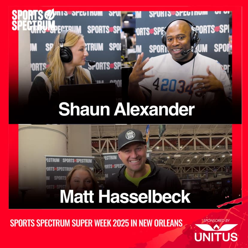 Shaun Alexander and Matthew Hasselbeck at Super Bowl LIX radio row