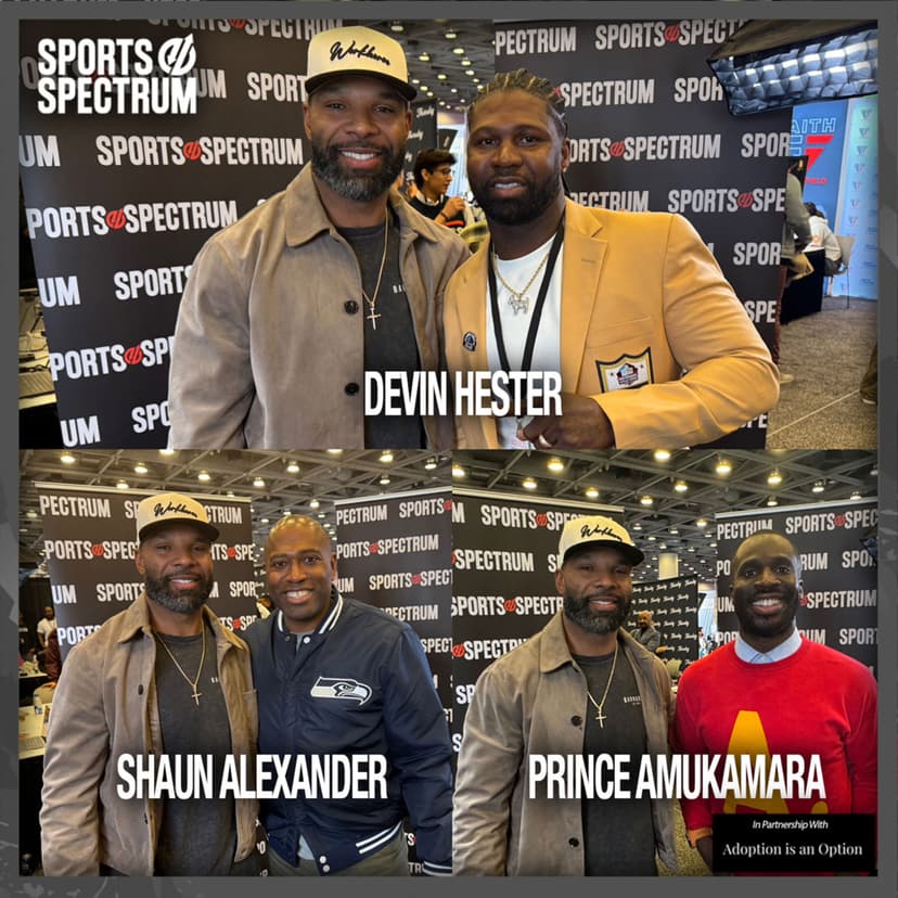 Devin Hester, Shaun Alexander and Prince Amukamara on Super Bowl LX Media Row